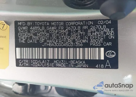 2004 Lexus Es 330 z USA, uszkodzony, nr VIN JTHBA30G045031356